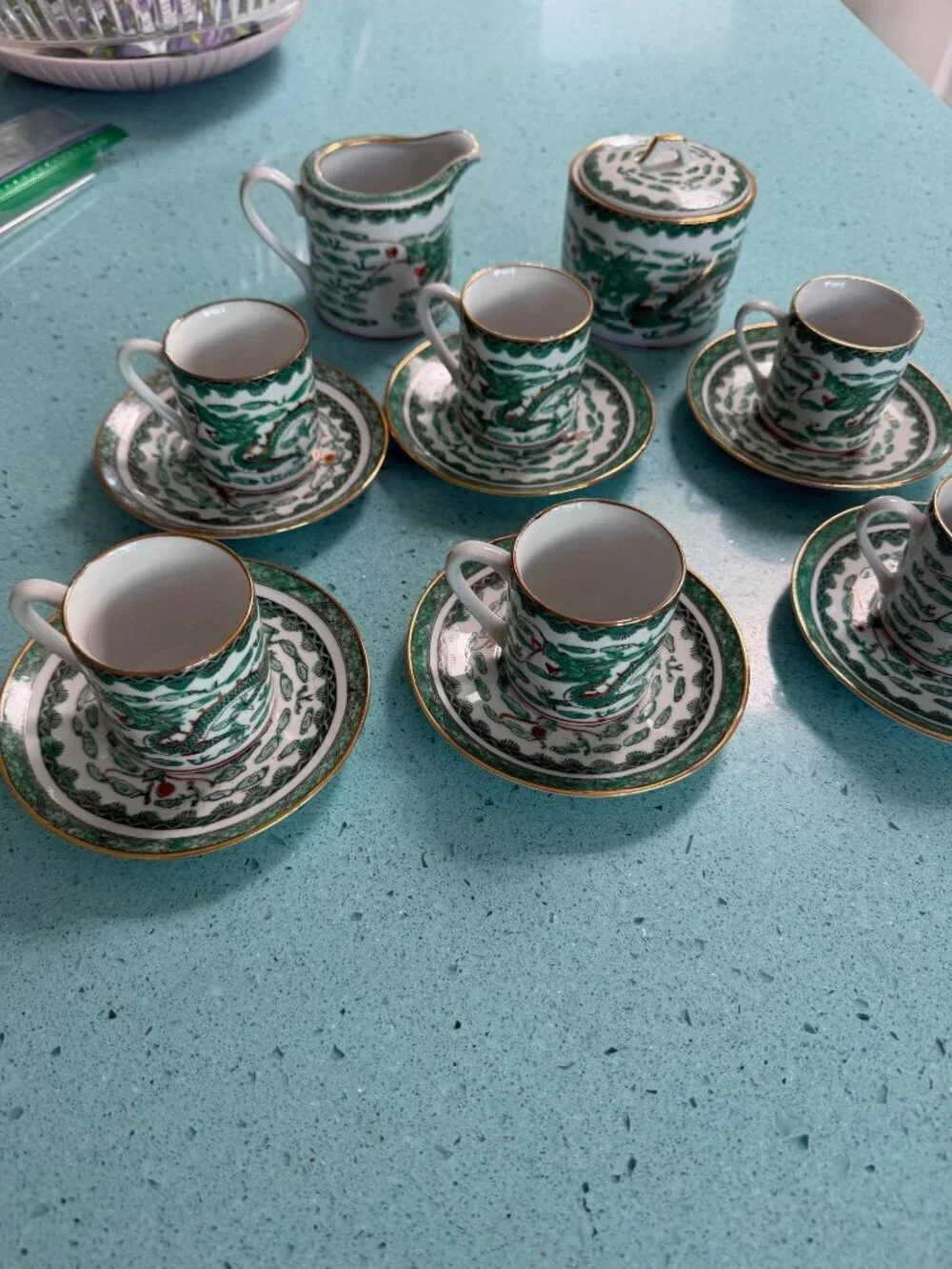 Vintage Chinese Porcelain Set of 6 Demitasse Cup, Saucer Set Sugar And Creamer